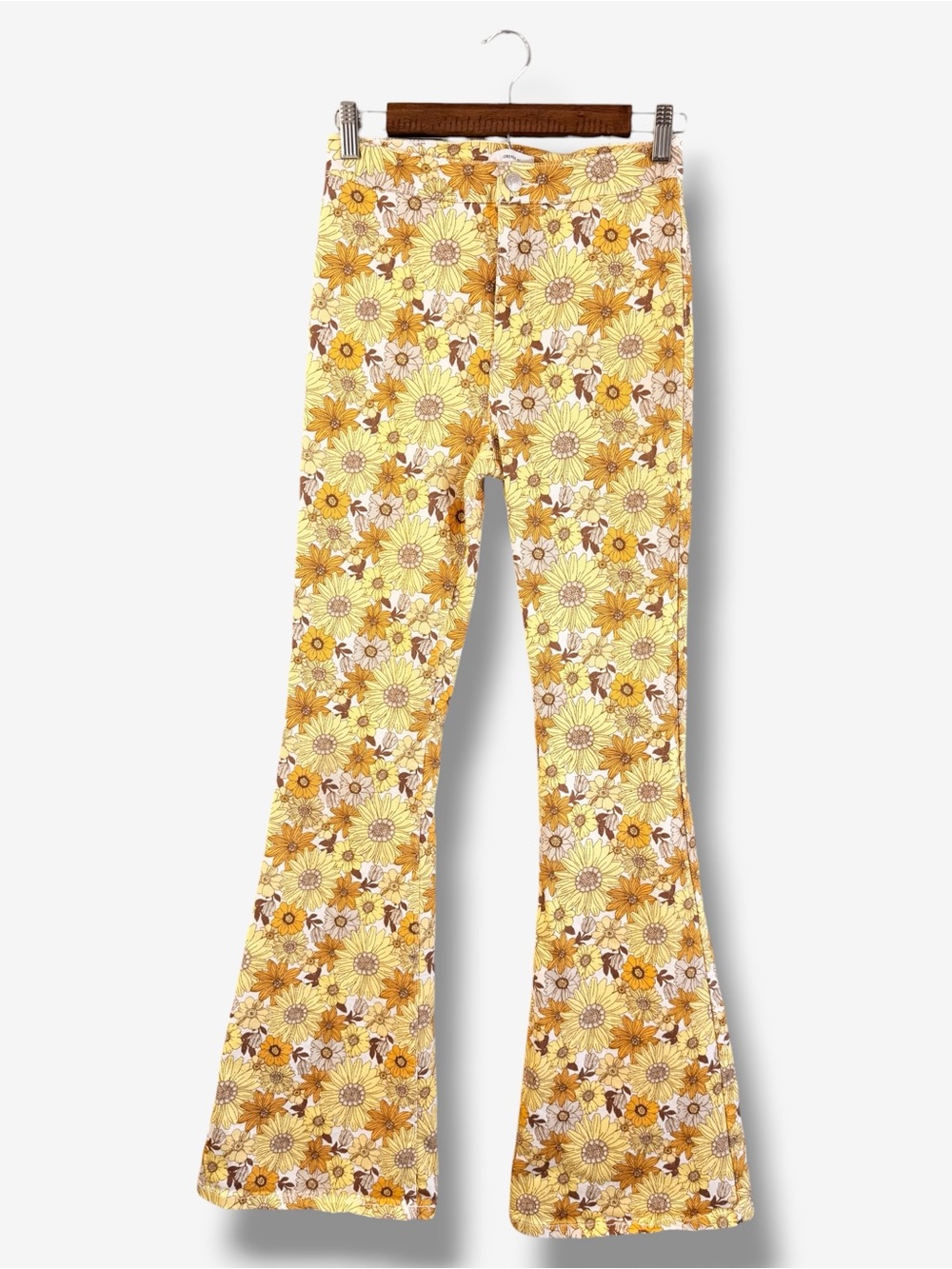 Forever 21 Yellow Floral Flare Jeans Size 27 High Rise 70s Boho Hippie Festival